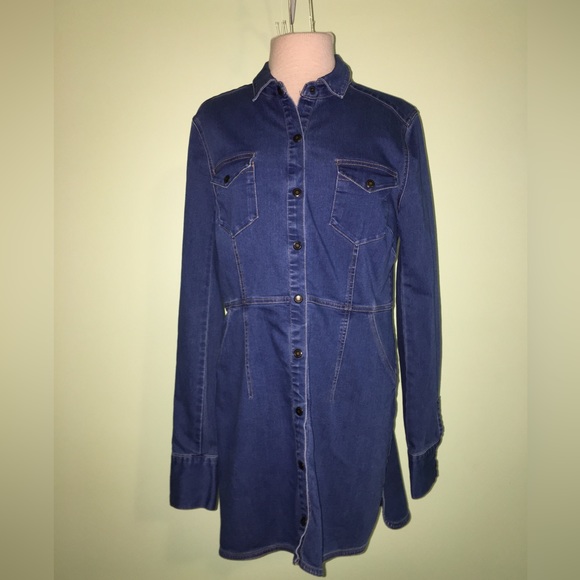 Free People dynamite Denim jeans Long Sleeve MIDI snap front Dress sz M medium - Picture 5 of 7
